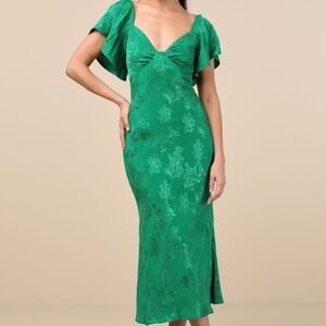 Lulus Effervescent Afternoon Green Satin Flutter Sleeve Midi Dress - Size L